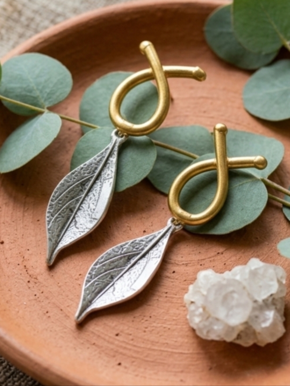 Handmade 18K Gold Plated Brass Mixed Metal Leaf Drop Dangle Earrings Turkish